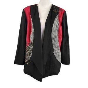 Chico's Sz 2 L Asian Inspired Jacket Patchwork Open Front Sequins Art-to-Wear